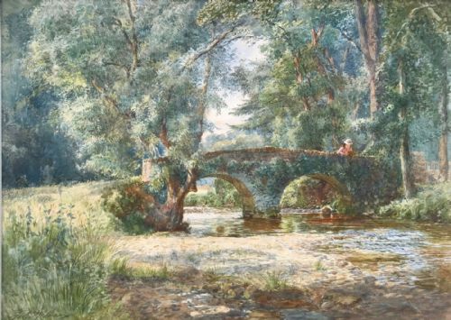 Fritz Althaus Original English Antique Watercolour Painting Packhorse Bridge Winsford, Exmoor, England.