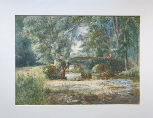 fig 1. Fritz Althaus Original English Antique Watercolour Painting Packhorse Bridge Winsford, Exmoor, England.