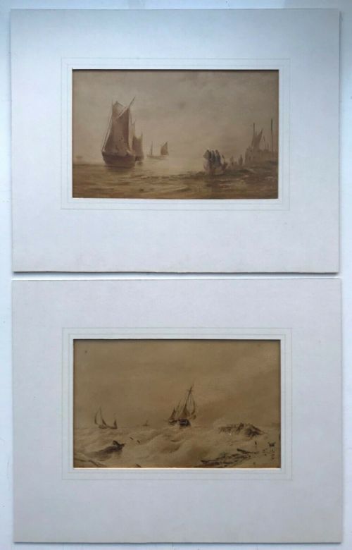 A Pair of Original 19th Century Antique Watercolour Paintings Fishing Seascapes