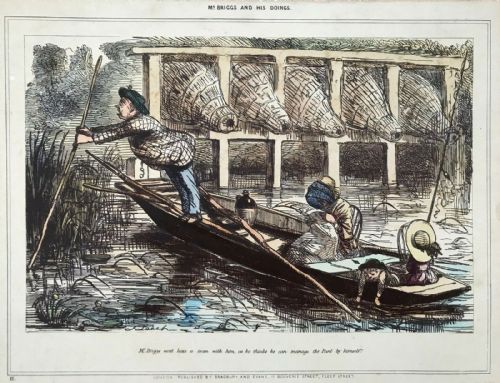 'Punt by Himself" Mid 19th Century English Antique Woodblock Print, Mr Briggs & His Doings by John Leech, Plate 2