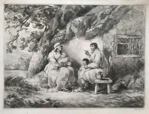 After George Morland, Rare Antique 1796 Crayon Manner Engraving Print Family Cottage Landscape