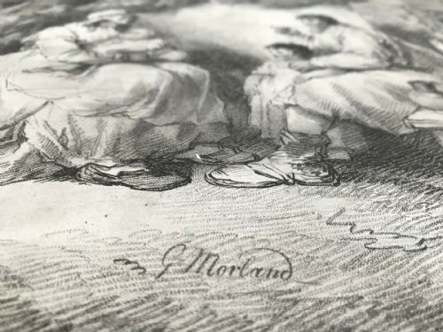 fig 1. After George Morland, RARE Antique 1796 Crayon Manner Engraving Print Family Cottage landscape