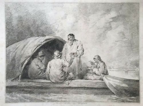 After George Morland, Rare Late 18th Century Antique 1796 Crayon Manner Engraving Print 4 Men in a Barge
