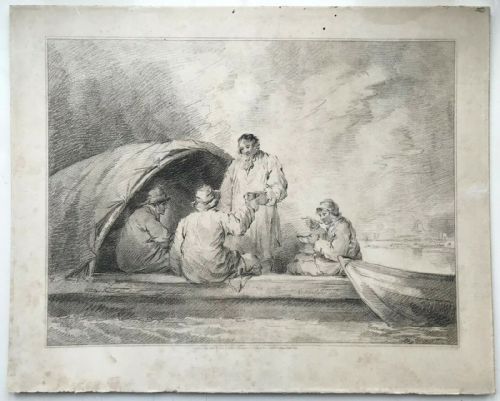 fig 1. After George Morland, RARE Late 18th Century Antique 1796 Crayon Manner Engraving Print 4 Men in a Barge