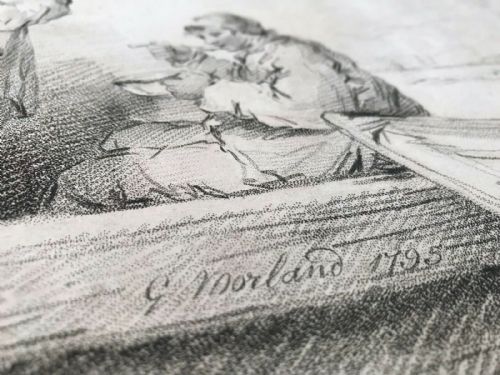 fig 2. After George Morland, RARE Late 18th Century Antique 1796 Crayon Manner Engraving Print 4 Men in a Barge