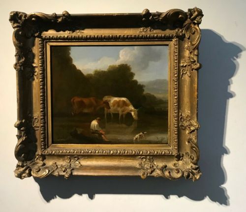 fig 1. English School Antique Canvas Oil Painting Signed Rhodes Cattle Watering Thomas McLean Label