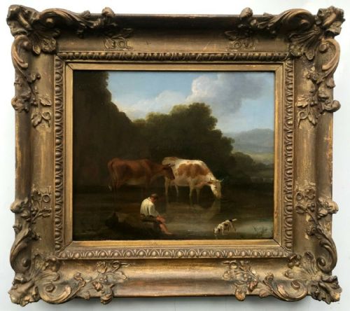 fig 2. English School Antique Canvas Oil Painting Signed Rhodes Cattle Watering Thomas McLean Label