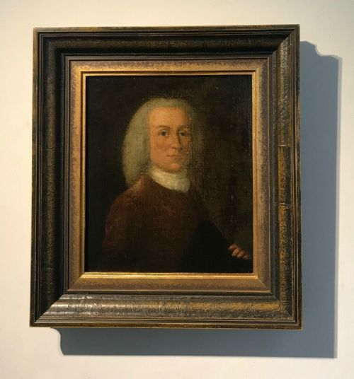 fig 1. 18th Century English School Original  Georgian Antique Oil Painting Canvas laid onto Wood Panel Portrait of a Gentleman Holding a Hat
