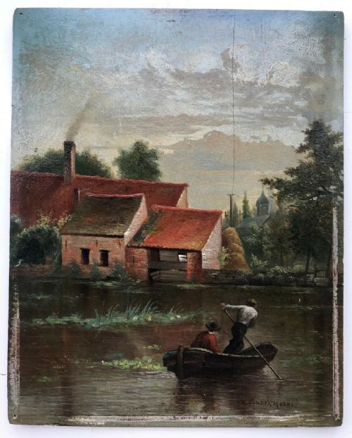 Signed  C H Vandermoere Original 19th Century Antique Oil Painting on Wood Panel Dutch River Landscape