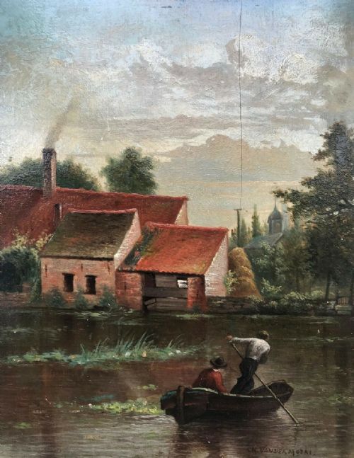 fig 1. Signed C H Vandermoere Original 19th Century Antique Oil Painting on Wood Panel Dutch River Landscape