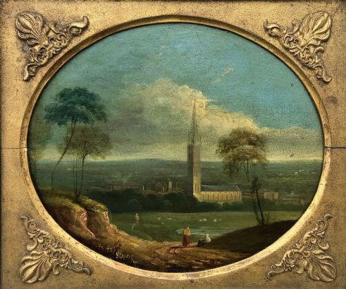 19th Century English School Original Antique Oil Painting on Wood Panel Lincolnshire Landscape
