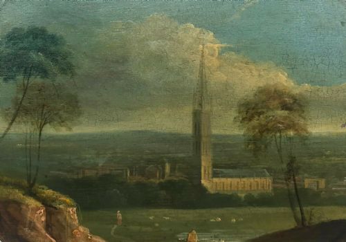 fig 1. 19th Century English School Original Antique Oil Painting on Wood Panel Lincolnshire Landscape