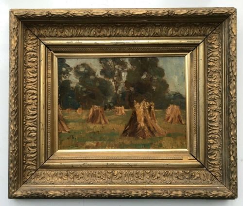 Original 19th Century Antique Oil Painting on Wood Panel Haystack Landscape