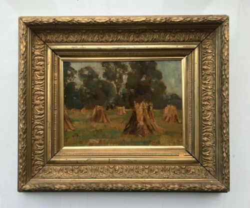 fig 1. Original 19th Century Antique Oil Painting on Wood Panel Haystack Landscape