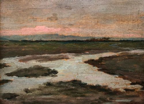 Alfred Ward Signed Original English Antique Oil Painting on Wood Panel Wetland River Landscape