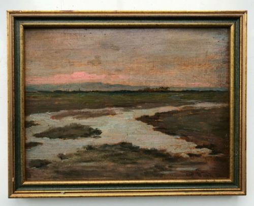 fig 1. Alfred Ward Signed Original English Antique Oil Painting on Wood Panel Wetland River Landscape