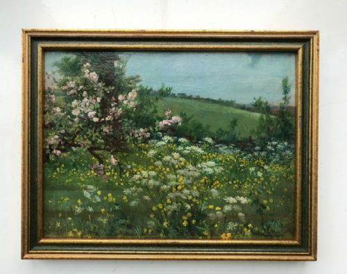Alfred Ward Signed 1894 Original 19th Century English Antique Oil Painting on Panel Blossom & Buttercup Meadow Landscape
