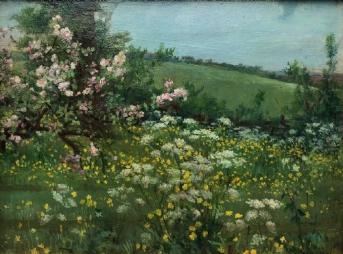 fig 1. Alfred Ward Signed 1894 Original 19th Century English Antique Oil Painting on Panel Blossom & Buttercup Meadow Landscape