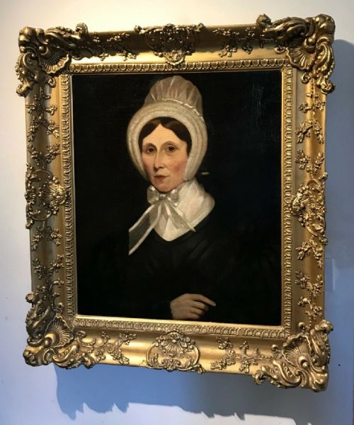 Original 19th Century Antique English School Decorative Gilt Framed Oil Painting on Canvas Portrait Lady in Ribbon Tied Bonnet