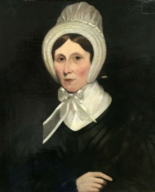 fig 1. Original 19th Century Antique English School Decorative Gilt Framed Oil Painting on Canvas Portrait Lady in Ribbon Tied Bonnet