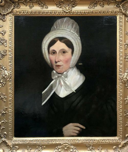 fig 2. Original 19th Century Antique English School Decorative Gilt Framed Oil Painting on Canvas Portrait Lady in Ribbon Tied Bonnet