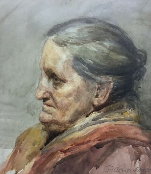 fig 1. Patty Aberigh Mackay Signed Original Early 20th Century Watercolour Painting Portrait of Elderly Lady