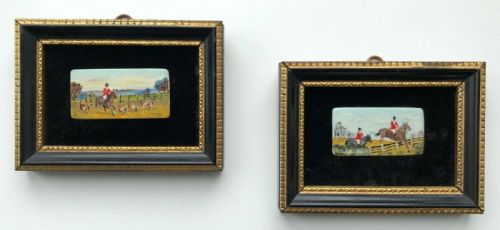 John Dean Rms Signed & Dated a Pair of Miniature Piano Key Oil Paintings Fox Hunting Landscapes in Hogarth Frames