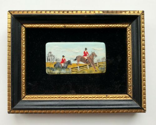 fig 1. John Dean RMS signed & dated A PAIR of Miniature Piano Key Oil Paintings Fox Hunting Landscapes in Hogarth Frames