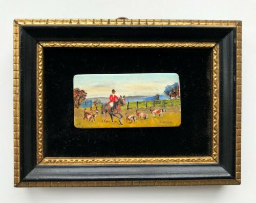 fig 2. John Dean RMS signed & dated A PAIR of Miniature Piano Key Oil Paintings Fox Hunting Landscapes in Hogarth Frames