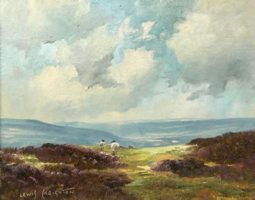 Lewis Creighton Signed Original Vintage English Oil Painting on Board Yorkshire Moors Sheep Landscape