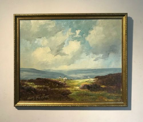 fig 1. Lewis Creighton Signed Original Vintage English Oil Painting on Board Yorkshire Moors Sheep Landscape