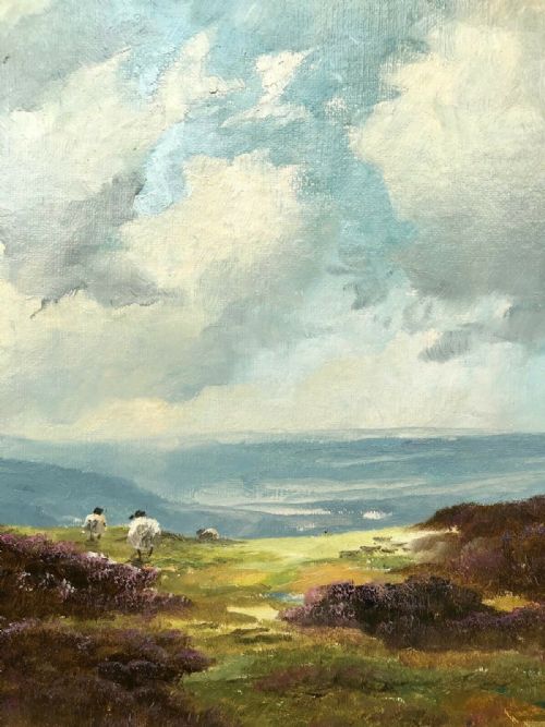 fig 3. Lewis Creighton Signed Original Vintage English Oil Painting on Board Yorkshire Moors Sheep Landscape