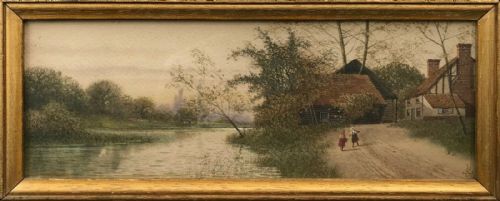 James Lawson Stewart Monogrammed Original 19th Century English Antique Watercolour Painting Kent River & Farmstead Landscape with Figures