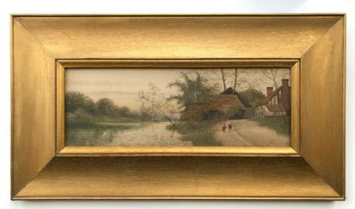 fig 1. James Lawson Stewart Monogrammed Original 19th Century English Antique Watercolour Painting Kent River & Farmstead Landscape with Figures