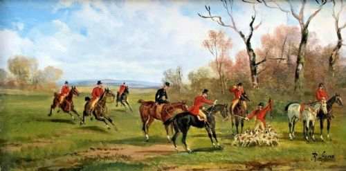 fig 1. R Stone (Alfred Steinacker) Signed original Mid 19th Century English Antique Oil Painting on Panel Fox Hunting Scene 1