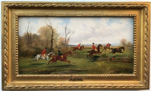 R Stone (Alfred Steinacker) Signed Original 19th Century English Antique Oil Painting on Panel Fox Hunting Landscape No 2 Taking a Fence
