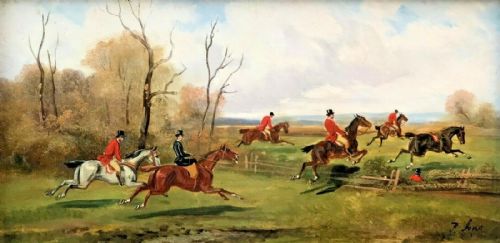 fig 1. R Stone (Alfred Steinacker) Signed Original 19th Century English Antique Oil Painting on Panel Fox Hunting Landscape No 2 Taking a fence