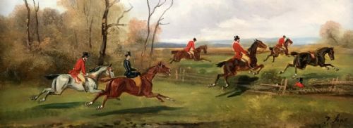 fig 2. R Stone (Alfred Steinacker) Signed Original 19th Century English Antique Oil Painting on Panel Fox Hunting Landscape No 2 Taking a fence