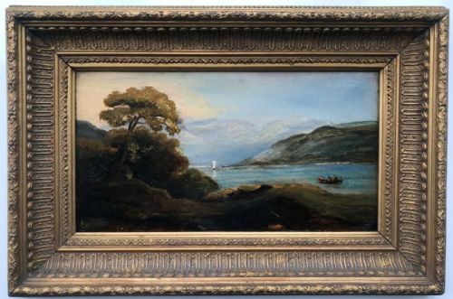 fig 1. Signed Original Indistinctly Signed Antique Oil Painting Lake Mountain Figures & Boat Scene