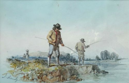 James Hardy Jr. Signed Original 19th Century English Antique Watercolour Painting Anglers Landscape