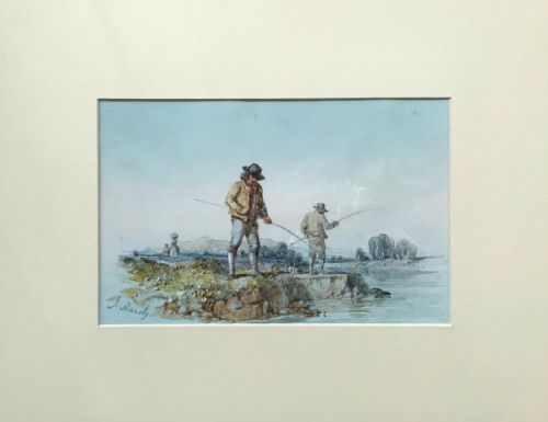 fig 1. James Hardy Jr. Signed Original 19th Century English Antique Watercolour Painting Anglers Landscape
