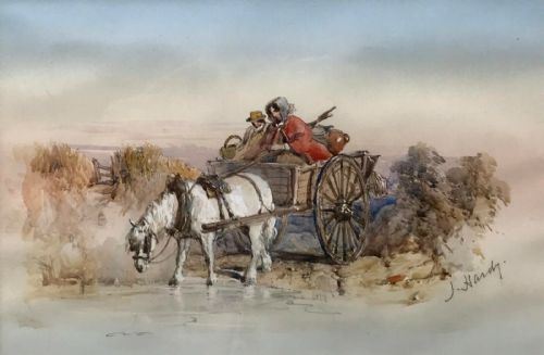 James Hardy Jr Signed Original 19th Century English Antique Watercolour Painting Horse Cart & Figures Landscape
