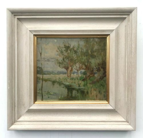 Original Vintage Oil Painting English School River View Landscape Cherwell in Oxfordshire