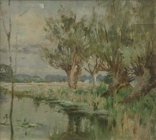 fig 1. Original Vintage Oil Painting English School River View Landscape Cherwell in Oxfordshire