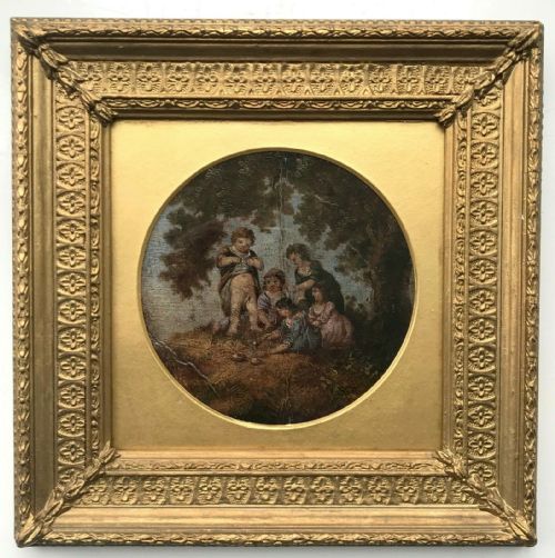 fig 1. Original English 19th Century Antique Oil Painting Indistinctly Signed & Dated Children under Tree Titled Recipe for Making Sand Pies