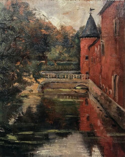 Paule Bisman Signed (Belgian 1897-1973) Dated 1923 Original Oil Painting on Wood Panel Franc-waret Castle Landscape