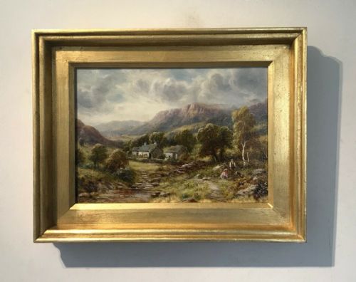 fig 1. Robert John Hammond Original Late 19th Century Antique Oil Painting on Canvas Upland Cottage Landscape