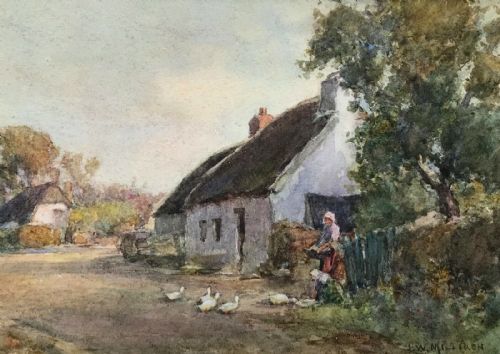 James W Milliken Signed Original Antique English Watercolour Painting Cottage Figure & Geese Landscape