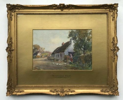 fig 1. James W Milliken Signed Original Antique English Watercolour Painting Cottage Figure & Geese Landscape