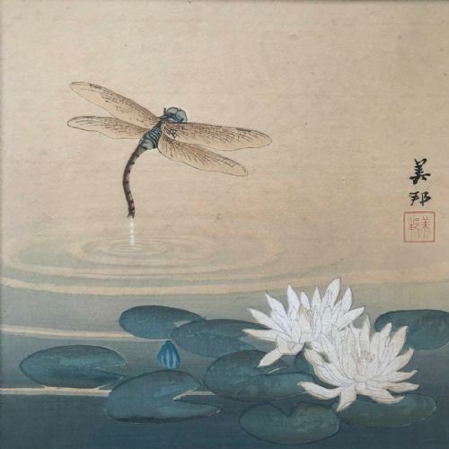 Chinese School Original Signed Antique Watercolour Painting Dragonfly Over Water Lily